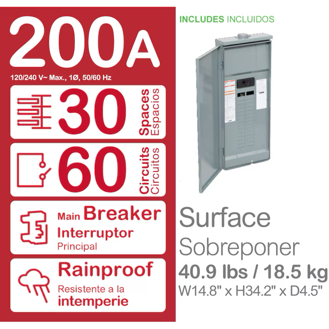 Square D Homeline Centro de carga neutral enchufable con disyuntor principal para exteriores de 200 amperios, 30 espacios y 60 circuitos (paquete económico) 