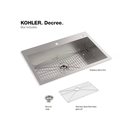 KOHLER Decree Dual-mount 33-in x 22-in Stainless Steel Single Bowl 2-Hole Kitchen Sink