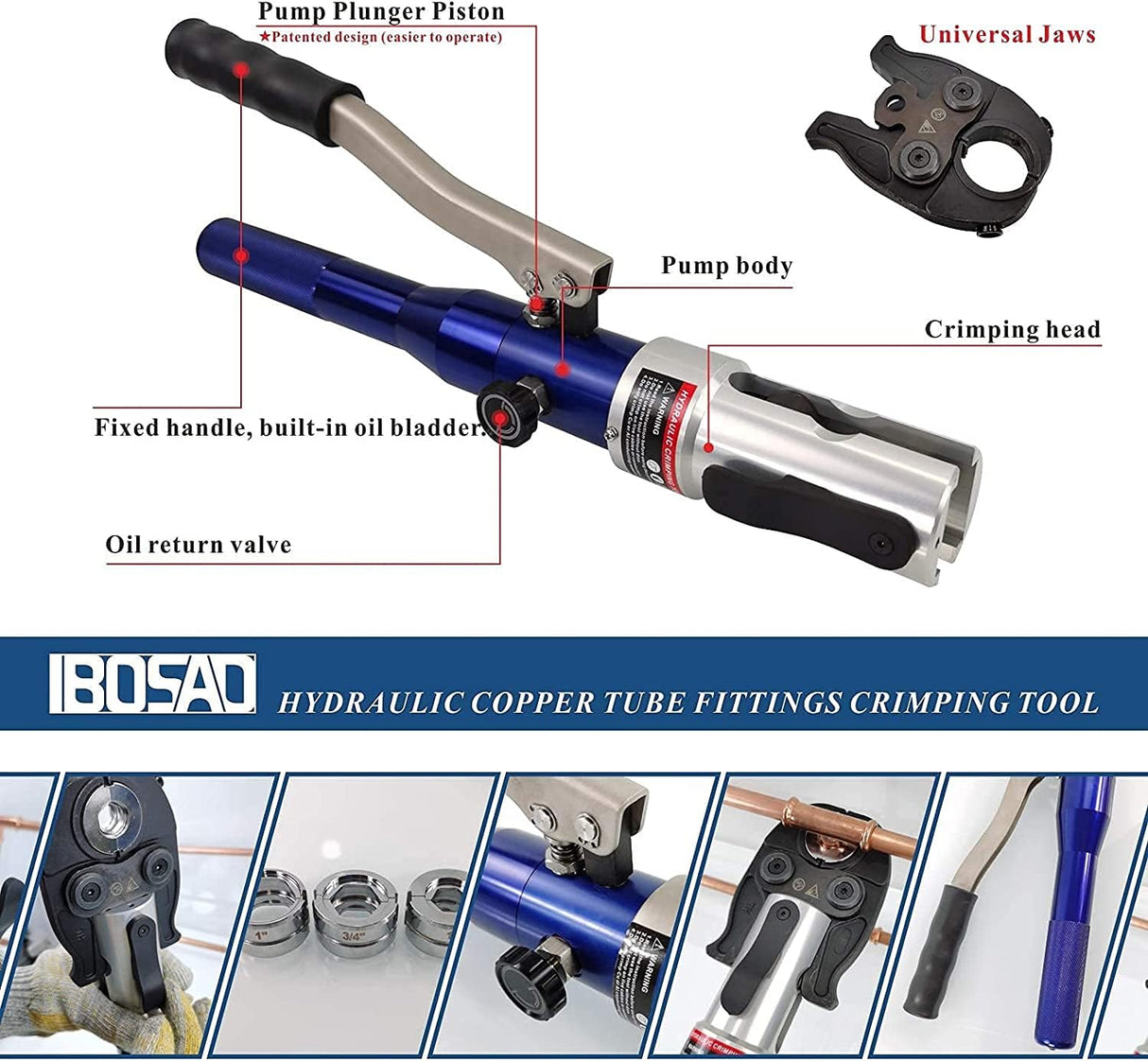 IBOSAD Copper Tube Fittings Hydraulic Pipe Crimping Tool with 1/2 inch,3/4 inch and 1 inch Jaw Copper Pipe Propress Crimpers Pressing Pliers