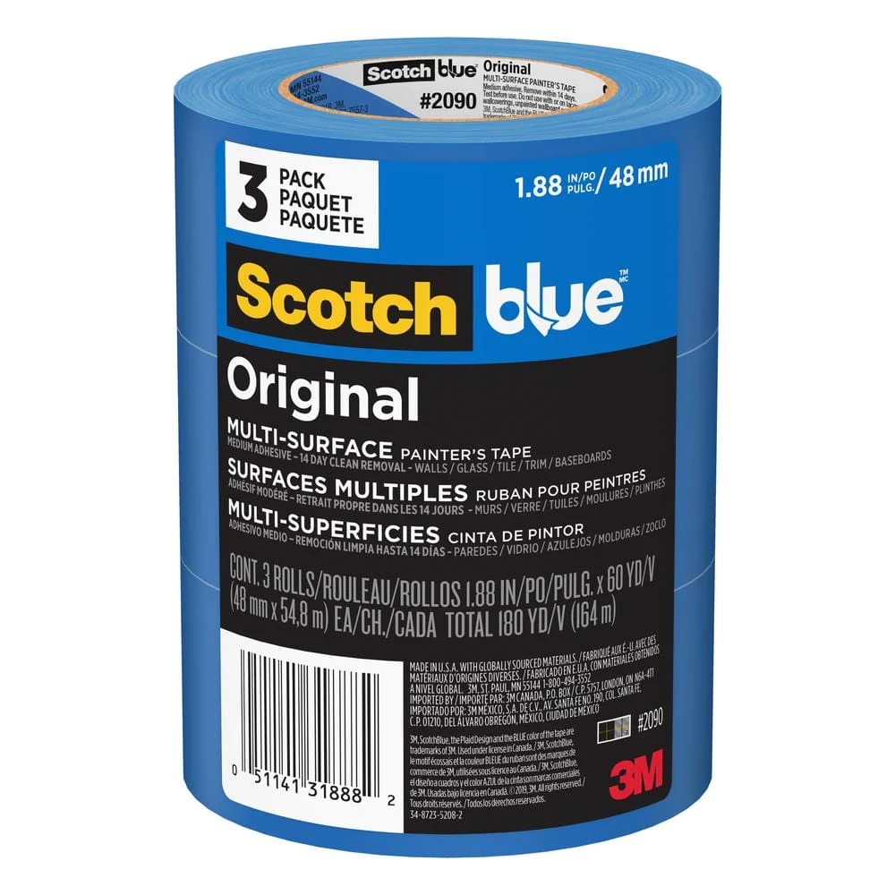 Cinta adhesiva 3M Scotch Painters, 2 pulgadas x 60 yardas, núcleo de 3 pulgadas, azul, (paquete de 3)