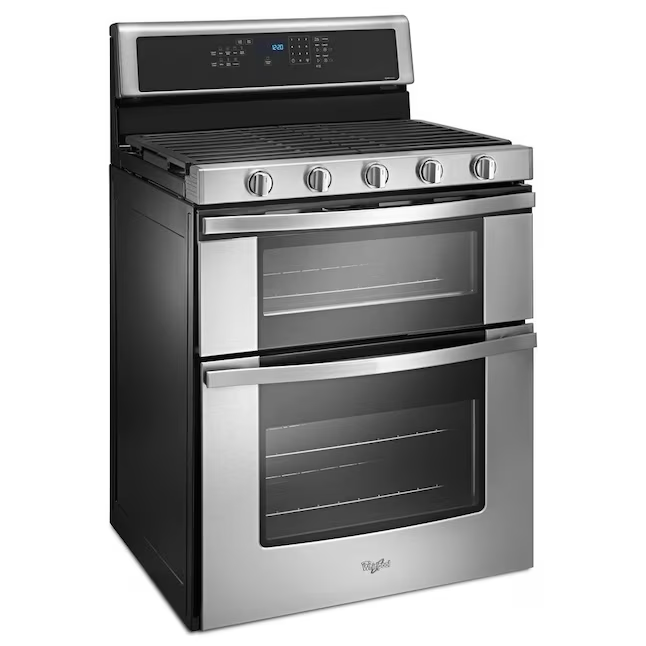Whirlpool 30-in 5 Burners 3.9-cu ft / 2.1-cu ft Self-cleaning Convection Oven Freestanding Natural Gas Double Oven Gas Range (Stainless Steel)