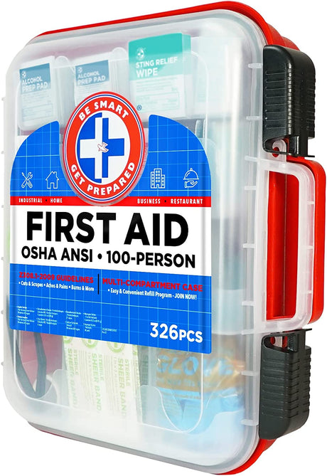First Aid Kit Hard Red Case 326 Pieces Exceeds OSHA and ANSI Guidelines
