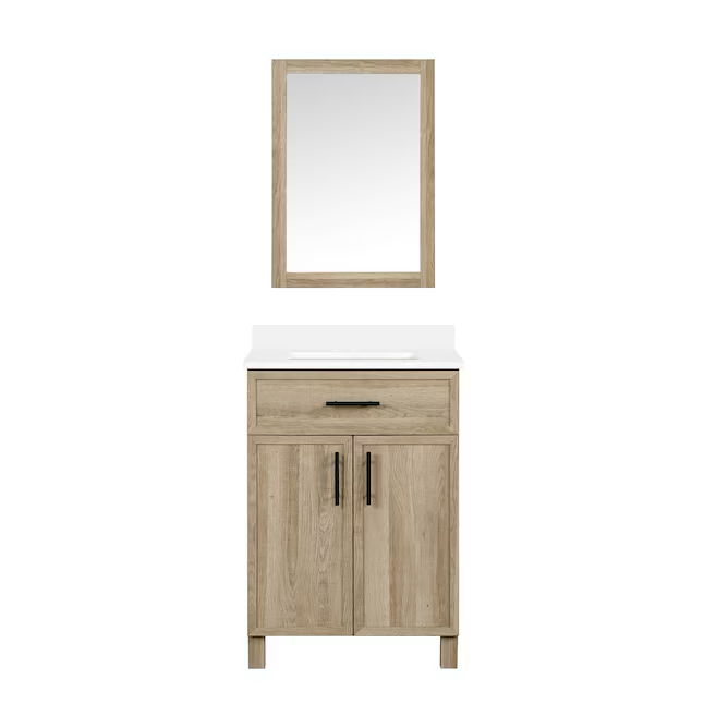 Style Selections Dolton tocador de baño con lavabo individual de roble natural de 24 pulgadas con tapa de mármol blanco (espejo incluido)