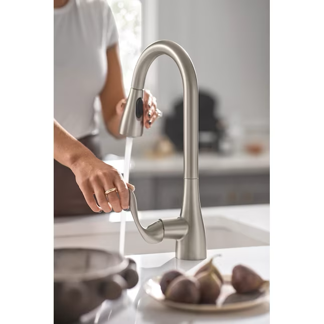 Moen Georgene Spot Resist Stainless Single Handle Pull-down Touchless Kitchen Faucet with Deck Plate and Soap Dispenser Included