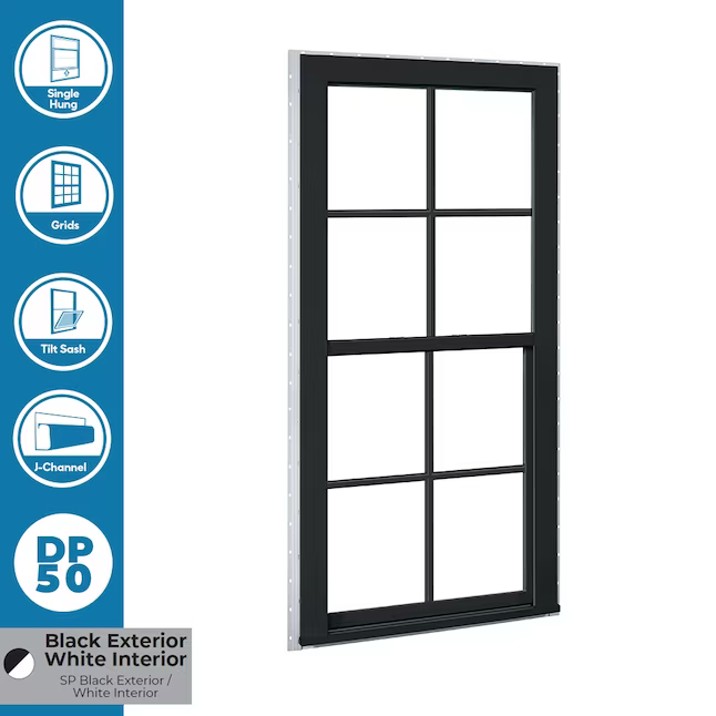 RELIABILT Serie 150 Nueva construcción Ventana de guillotina simple de doble panel de vinilo negro con jamba de 23-1/2 x 35-1/2 x 3-1/4 pulgadas con rejillas y media pantalla incluida
