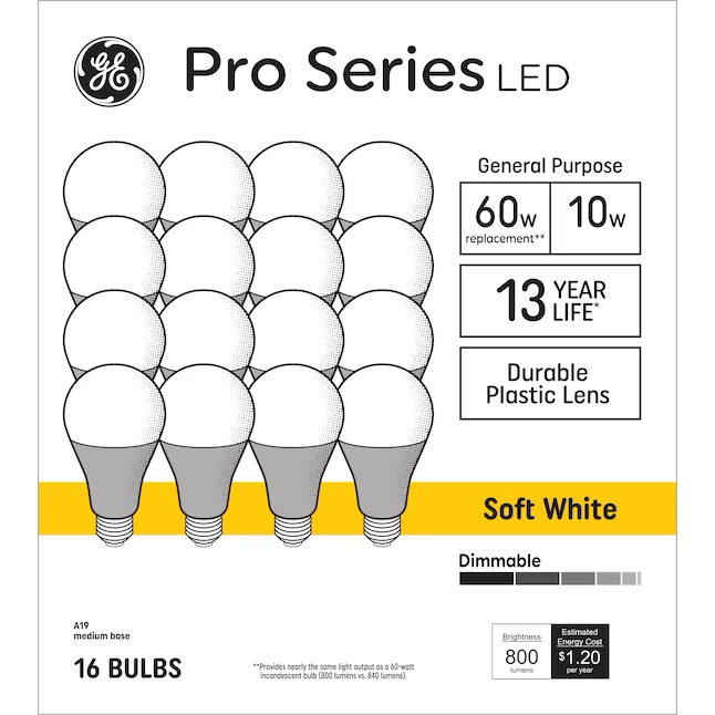 GE Pro 60-Watt EQ A19 Soft White Medium Base (e-26) Dimmable LED Light Bulb (16-Pack)