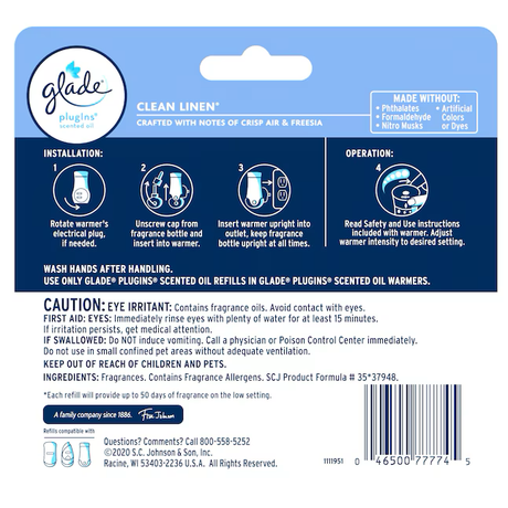 Ambientador de recambio Glade Clean Linen de 0,67 onzas líquidas (paquete de 5)