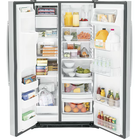 Refrigerador de dos puertas verticales GE de 25.3 pies cúbicos con máquina de hielo, dispensador de agua y hielo (acero inoxidable)