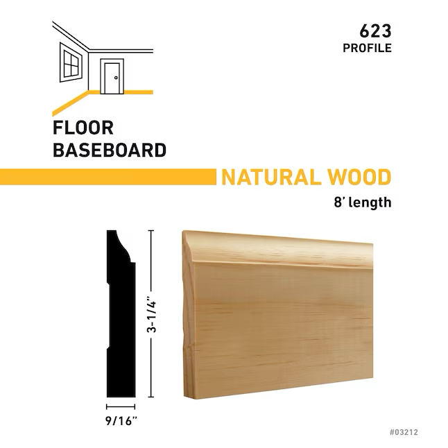 RELIABILT 9/16-in x 3-1/4-in x 8-ft Colonial Unfinished Pine 623 Baseboard Moulding