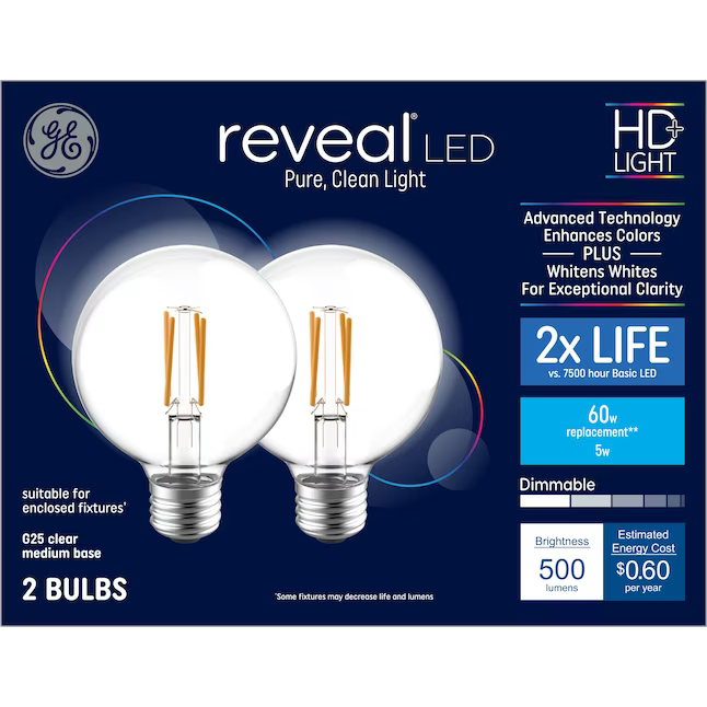 GE Reveal HD Bombilla LED regulable de base media (E-26) EQ G25 de 60 vatios (paquete de 2)