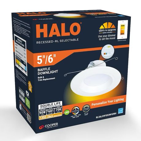 HALO Retrofit Luz empotrable LED regulable redonda conmutable de 5 o 6 pulgadas, color blanco mate, 1355 lúmenes