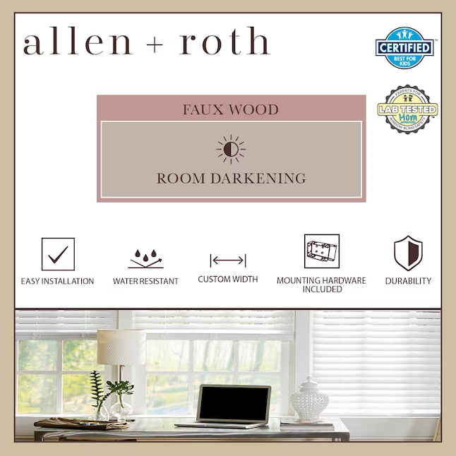 Allen + Roth At Home Persianas horizontales de oscurecimiento de habitación de madera sintética blanca inalámbricas de 2 pulgadas de ancho, 9 pulgadas x 72 pulgadas