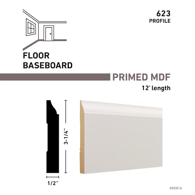 RELIABILT 1/2-in x 3-1/4-in x 12-ft Colonial Primed MDF 623 Baseboard Moulding