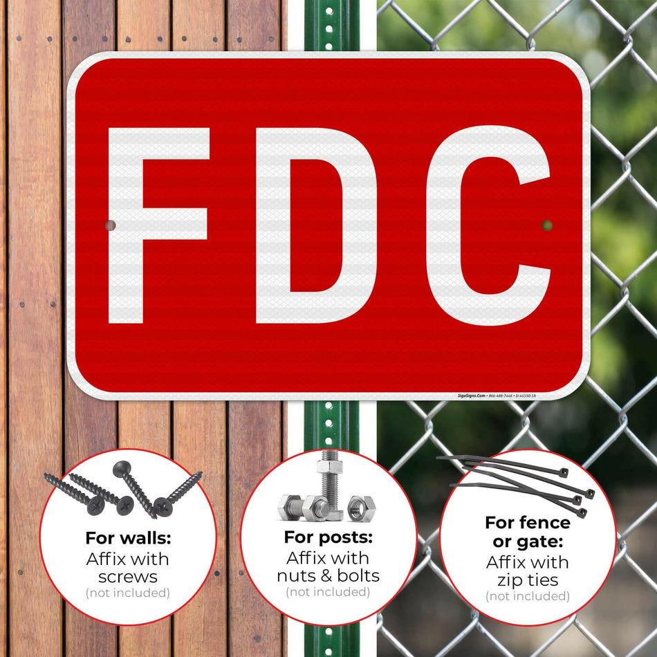 Letrero FDC, fondo rojo, 12 x 18 pulgadas. 