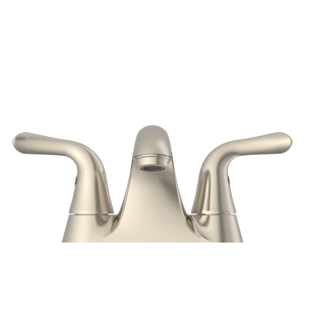 Project Source Dover - Grifo para lavabo de baño con arco medio WaterSense, 2 manijas, 4 pulgadas, níquel cepillado, con desagüe y placa para cubierta