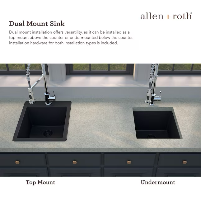 Allen + Roth Deforest Collection Fregadero de cocina de 3 orificios de granito Nero de montaje doble, 16 x 20 pulgadas