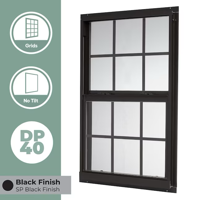 RELIABILT Serie 46000 Nueva construcción Ventana de guillotina de baja emisividad de aluminio negro con jamba de 35-1/2 x 47-1/2 x 2-5/8 pulgadas con rejillas y media pantalla incluida