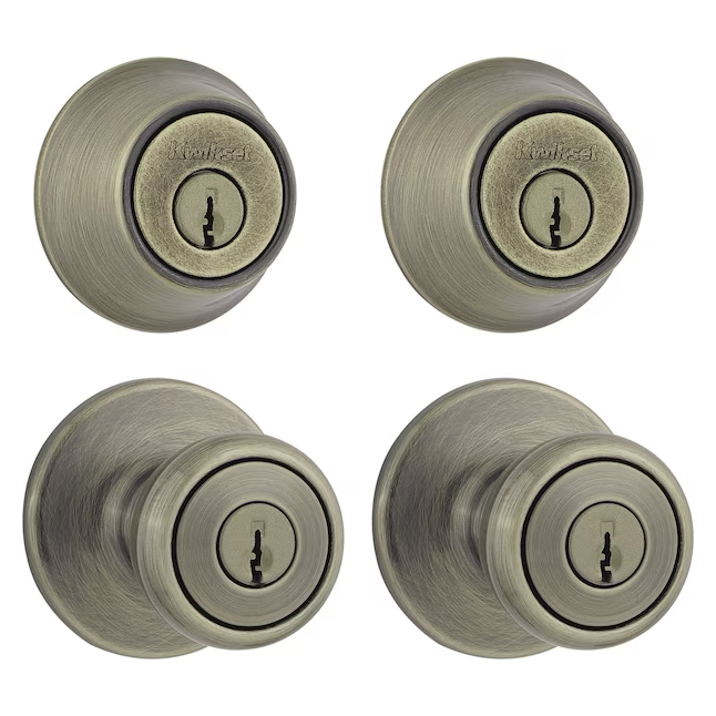 Kwikset Security Tylo Antique Brass Exterior Single-cylinder deadbolt Keyed Entry Door Knob Multi-pack with Antimicrobial Technology