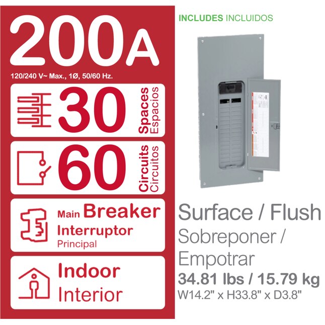 Square D Homeline Centro de carga neutral enchufable con disyuntor principal interior de 200 amperios, 30 espacios y 60 circuitos (paquete económico)