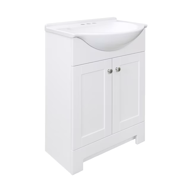 Style Selections Euro tocador de baño con lavabo individual blanco de 24 pulgadas con tapa de mármol cultivado blanco