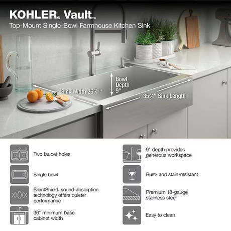 KOHLER Vault Farmhouse Delantal frontal Fregadero de cocina de 2 orificios de acero inoxidable de 35,75 x 24,31 pulgadas
