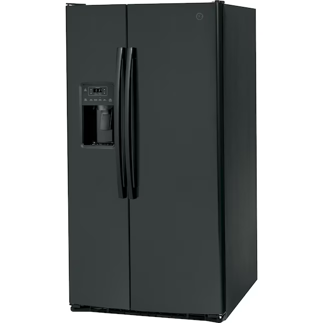Refrigerador de dos puertas verticales GE de 25.3 pies cúbicos con máquina de hielo, dispensador de agua y hielo (negro)