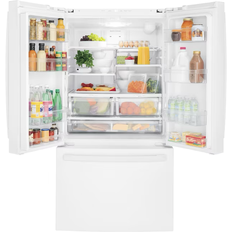 Refrigerador GE de puerta francesa de 27 pies cúbicos con máquina de hielo y dispensador de agua (blanco) ENERGY STAR