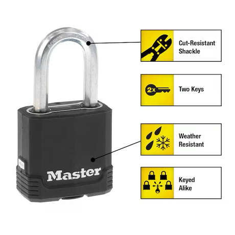 Master Lock Candado con llave para exteriores de alta resistencia, grillete de 1-7/8 pulgadas de ancho x 1-1/2 pulgadas con llaves iguales (paquete de 4)