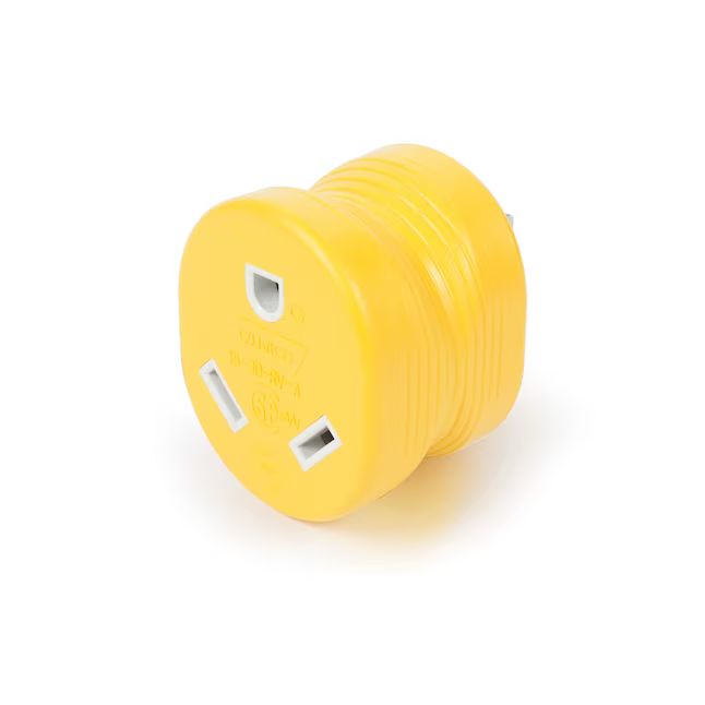 Adaptador de corriente CAMCO amarillo de 15 A a 30 A para vehículos recreativos con certificación de seguridad UL, luz indicadora de alimentación y forma contorneada