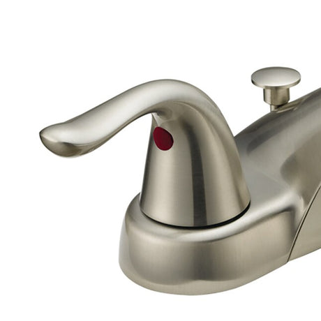EZ-FLO Impressions Grifo para lavabo de baño WaterSense de 4 pulgadas con juego central de 4 pulgadas y 2 manijas con drenaje y placa para cubierta 