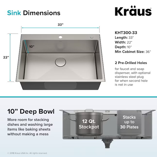 Kraus Standart PRO Dual-mount 33-in x 22-in Stainless Steel Single Bowl 2-Hole Kitchen Sink