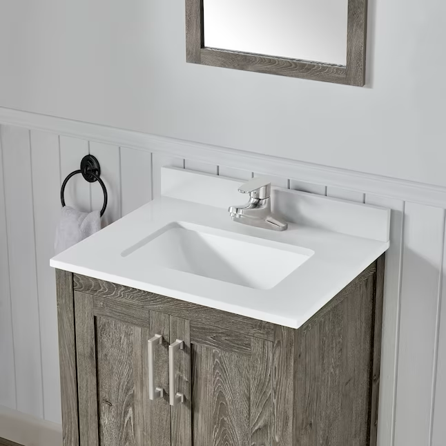 Style Selections Howell tocador de baño con lavabo individual de 24 pulgadas, color marrón desgastado, con tapa de piedra de ingeniería blanca