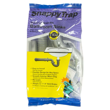 SnappyTrap Snappy Trap Kit de drenaje universal para lavabos de baño - Negro, se adapta a desagües de fregadero y tuberías de drenaje de pared de 1-1/4" - 1-1/2"