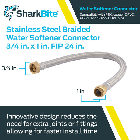 SharkBite 3/4" x 1" FIP, conector de suavizador de agua trenzado de acero inoxidable de 24" 