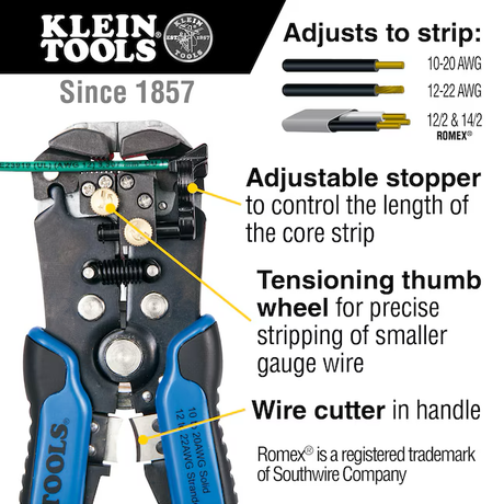 Klein Tools Self-Adjusting Wire Strippers, 10-20 Awg Solid, 12-22 Awg Stranded