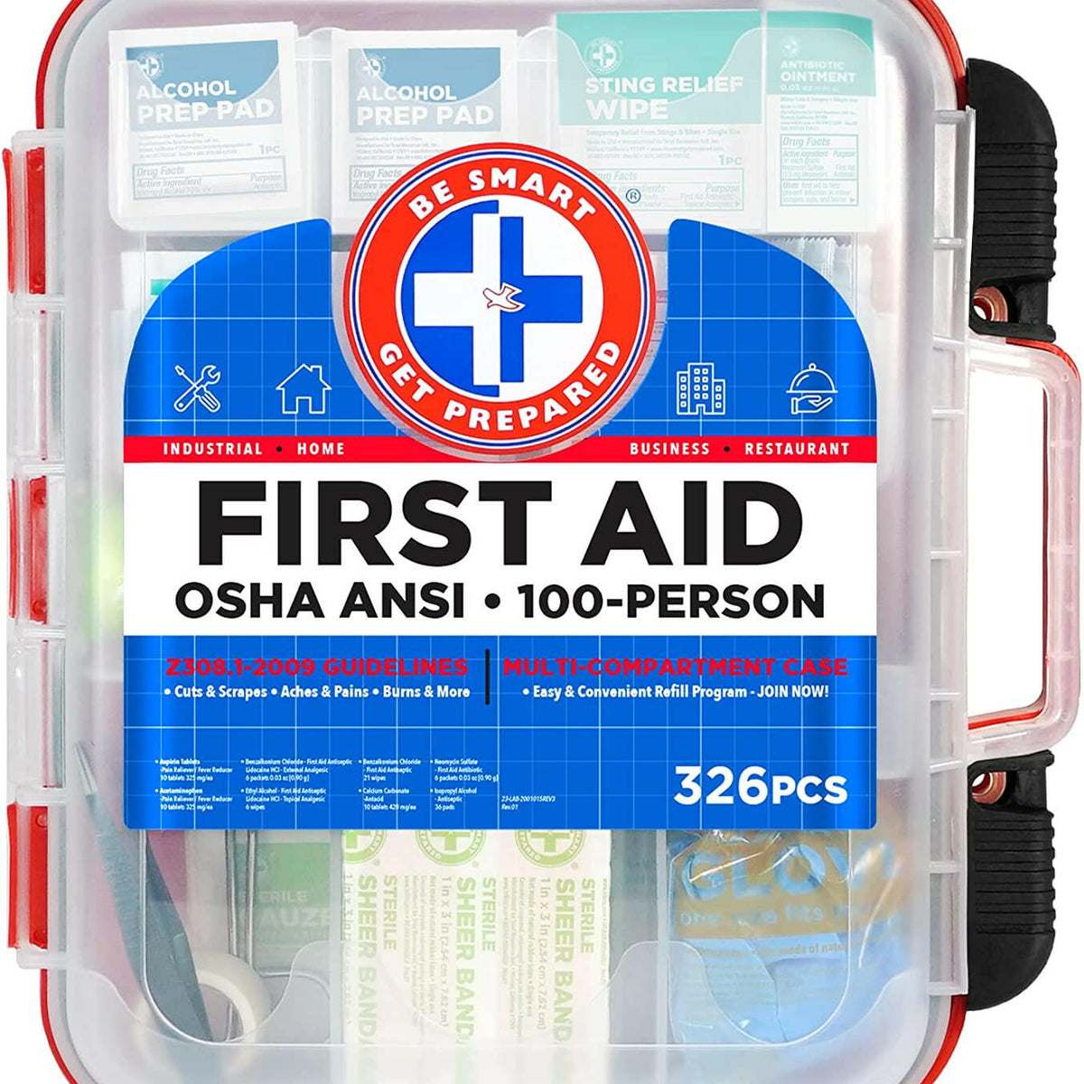 First Aid Kit Hard Red Case 326 Pieces Exceeds OSHA and ANSI Guideline ...