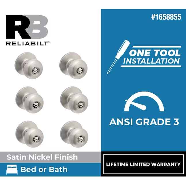 RELIABILT Baron Satin Nickel Interior Bed/Bath Privacy door knob Contractor pack 6 -Pack