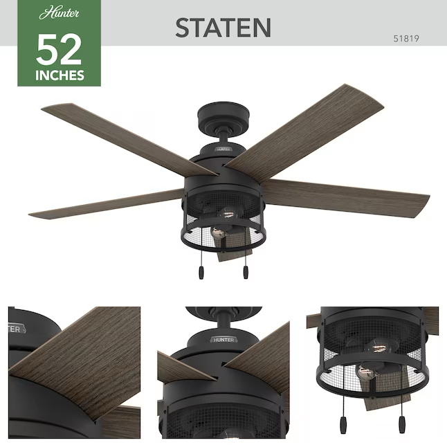 Hunter Staten 52-Zoll mattschwarzer Deckenventilator für den Innenbereich mit Licht (5 Flügel)