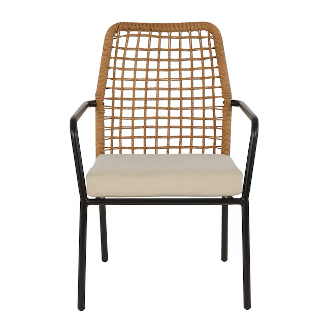 Origin 21 Clairmont Juego de 4 sillas de comedor estacionarias con estructura de acero negro de mimbre y asiento acolchado en color blanquecino