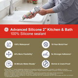 Masilla de silicona blanca GE Advanced Silicone 2 para cocinas, baños, bañeras y azulejos, 10.1 oz