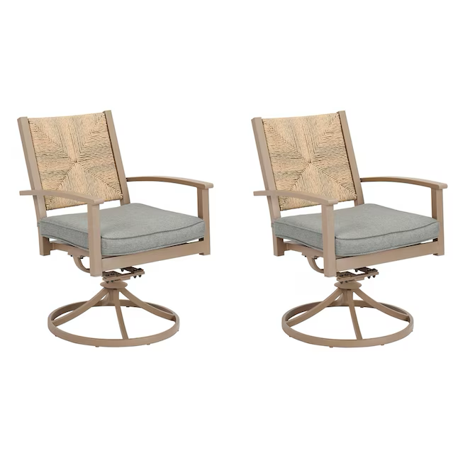 Allen + Roth Townsend Juego de 2 sillas de comedor giratorias con estructura de acero marrón de mimbre y asiento acolchado gris