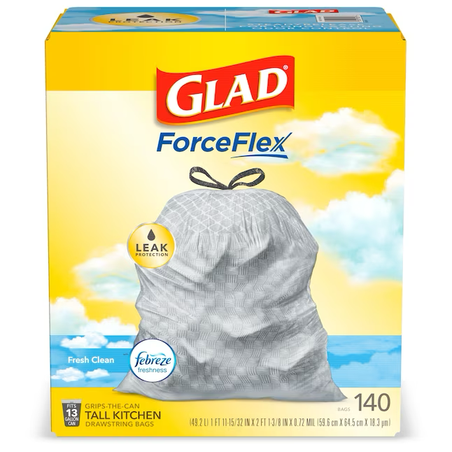 Glad ForceFlex Bolsa de basura con cordón para cocina de plástico blanco fresco y limpio Febreze de 13 galones (140 unidades)