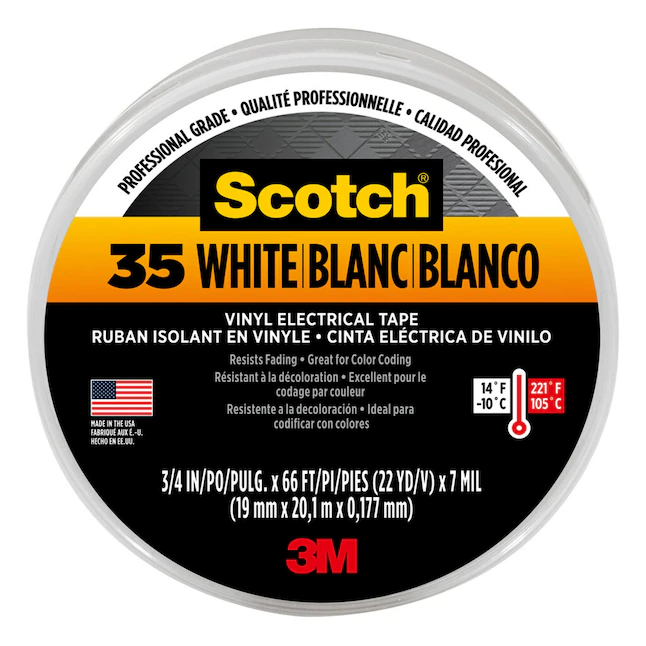 Scotch #35 Cinta aislante de vinilo blanca de 0.75 pulgadas x 66 pies