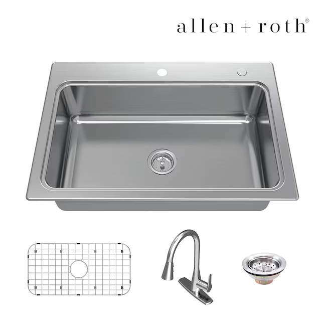 Allen + Roth The Hoffman Collection Kit todo en uno de fregadero de cocina de dos orificios de acero inoxidable de 33 x 22 pulgadas con montaje doble