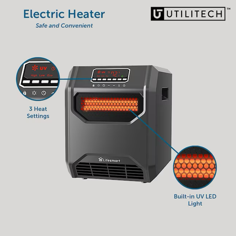Utilitech Calentador eléctrico para interiores con gabinete de cuarzo infrarrojo de hasta 1500 vatios con termostato y control remoto incluidos