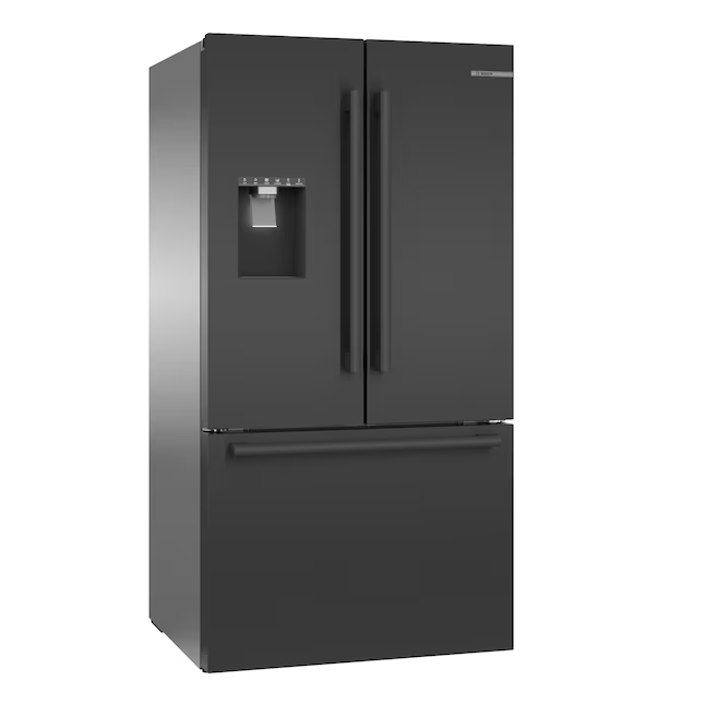 Refrigerador Bosch serie 500 de 26 pies cúbicos con puerta francesa, máquina de hielo, dispensador de agua y hielo (acero inoxidable negro) ENERGY STAR