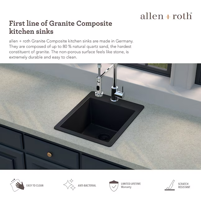 Allen + Roth Deforest Collection Fregadero de cocina de 3 orificios de granito Nero de montaje doble, 16 x 20 pulgadas