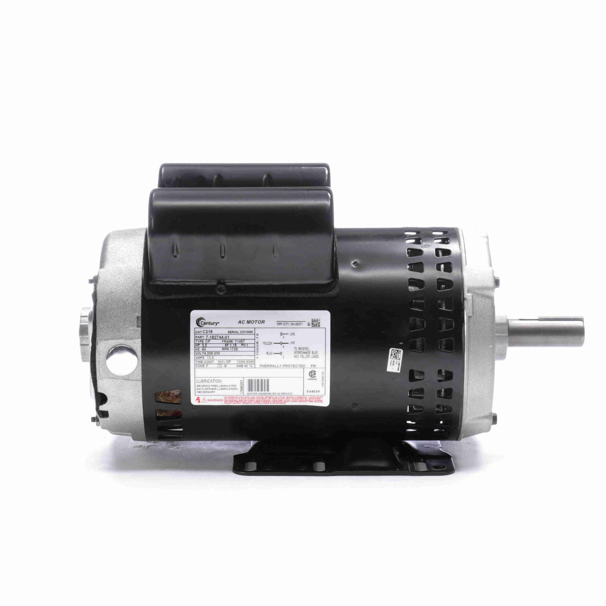 Century-Hochdruckreinigermotor, 3,0 PS, 1 PH, 60 Hz, 208–230 V, 1800 U/min, Y145T-Rahmen, DP – C218