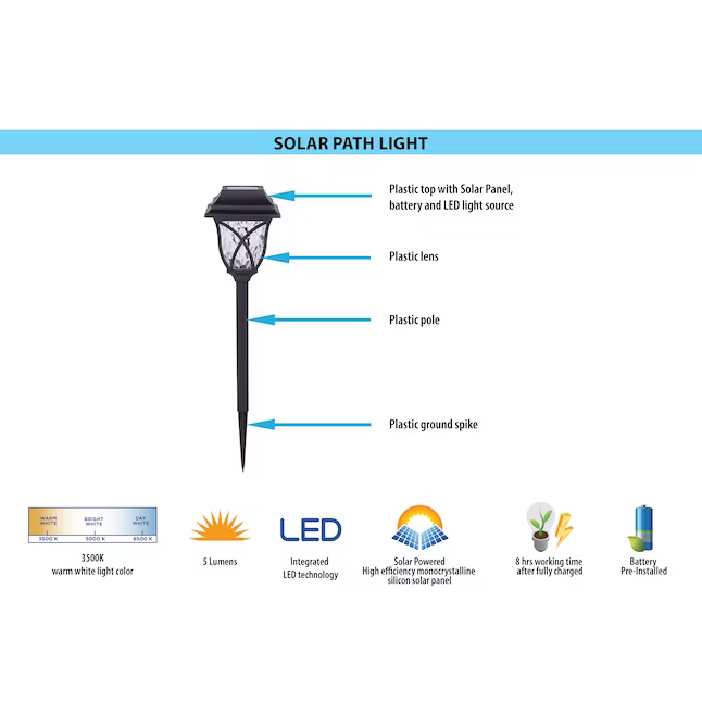 Harbor Breeze 5-Lumen-Solar-LED-Wegeleuchte für den Außenbereich in Schwarz (3500 K)