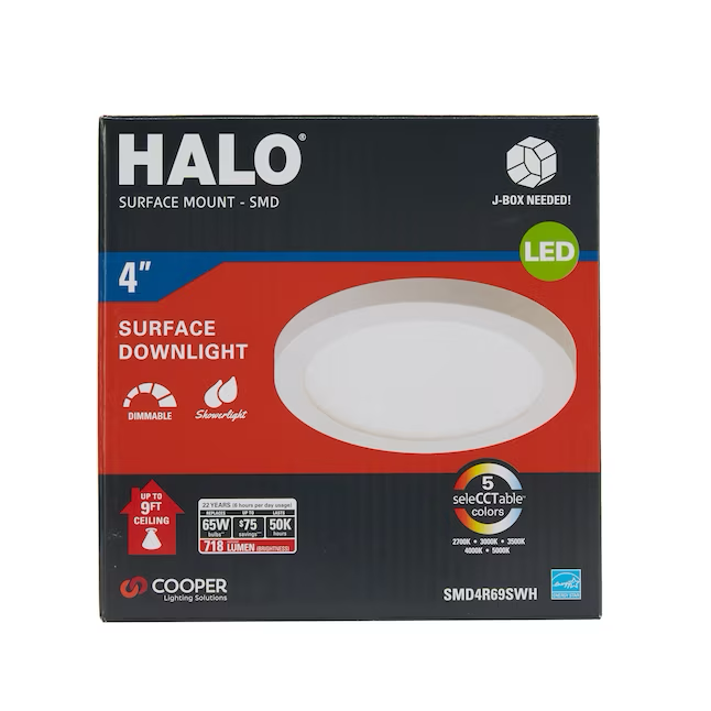 Downlight empotrable LED regulable redondo conmutable HALO blanco de 4 pulgadas y 763 lúmenes 